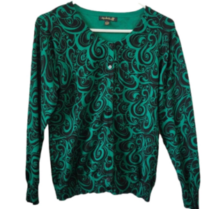 Vintage Top Knits Cardigan Button up Sweater Large Teal Black Swirl Long sleeves